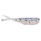White soft plastic fishing lure with scattered dark blue speckles and curved tail.