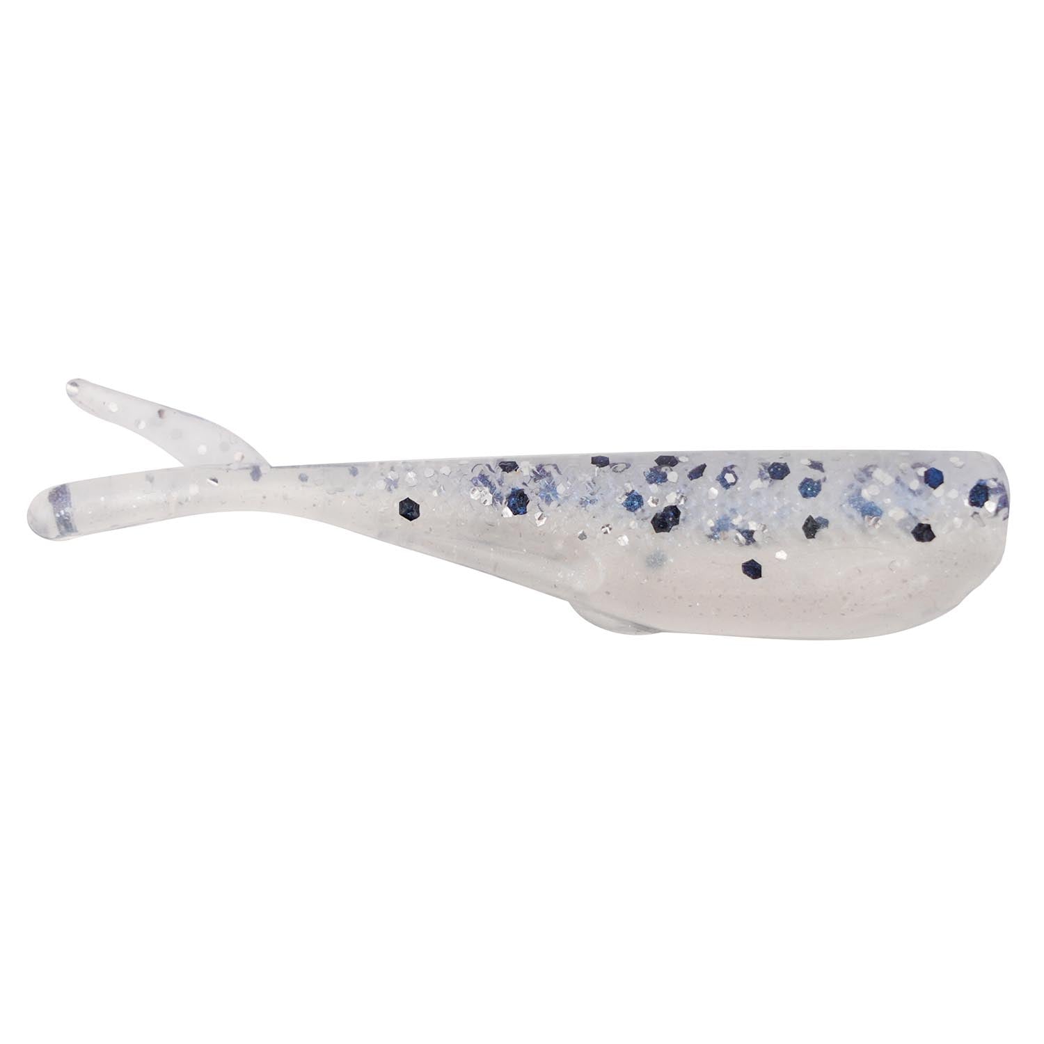 White soft plastic fishing lure with scattered dark blue speckles and curved tail.