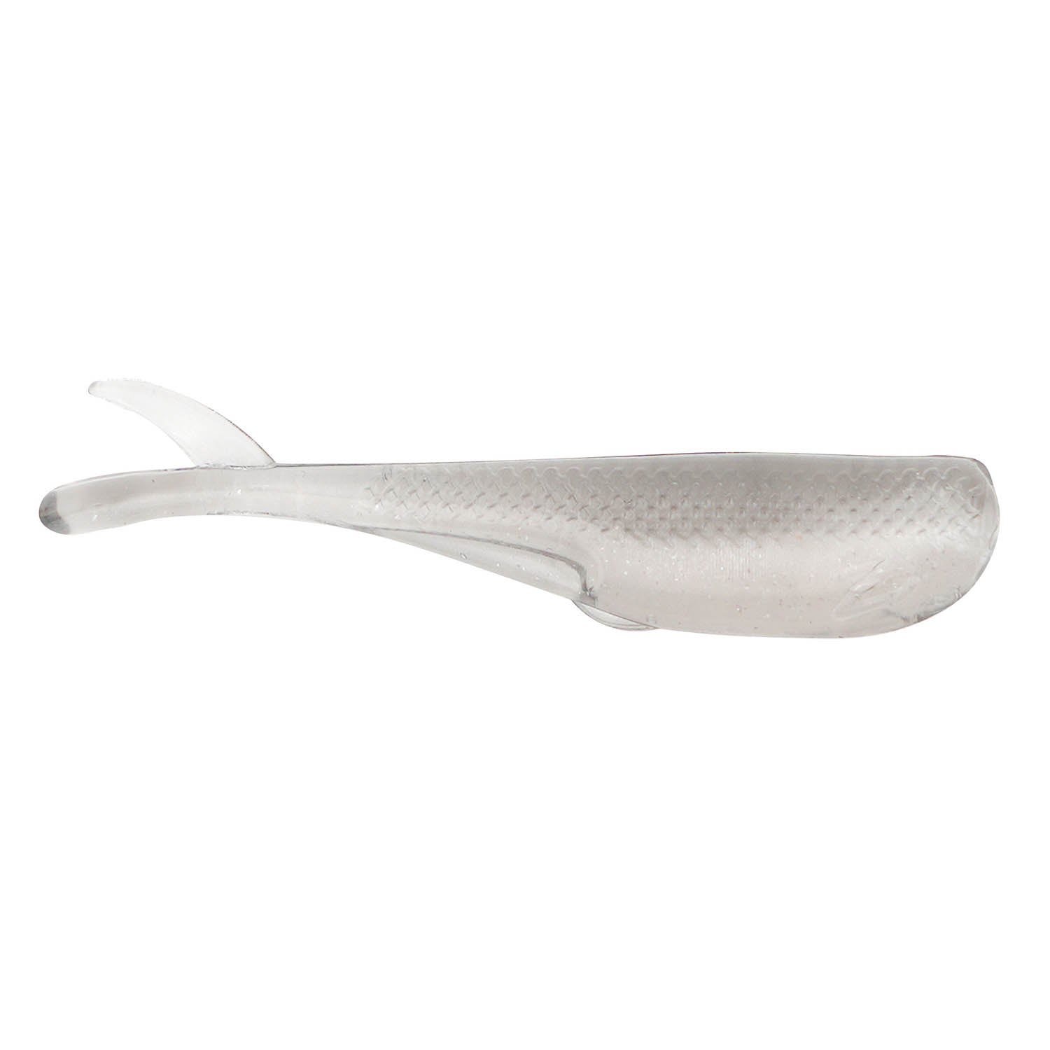 Translucent white soft plastic fishing lure with smooth body and curved paddle tail.