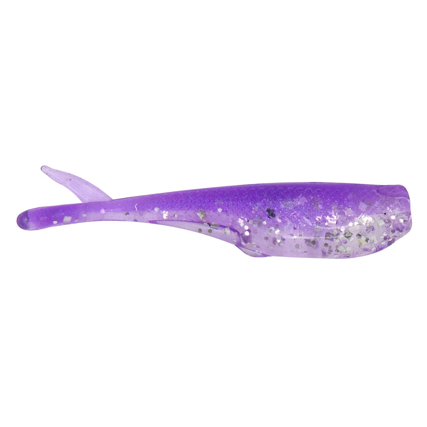 Purple soft plastic fishing lure with glitter speckles and long paddle tail.