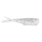 White soft plastic fishing lure with dark speckled spots and curved paddle tail.