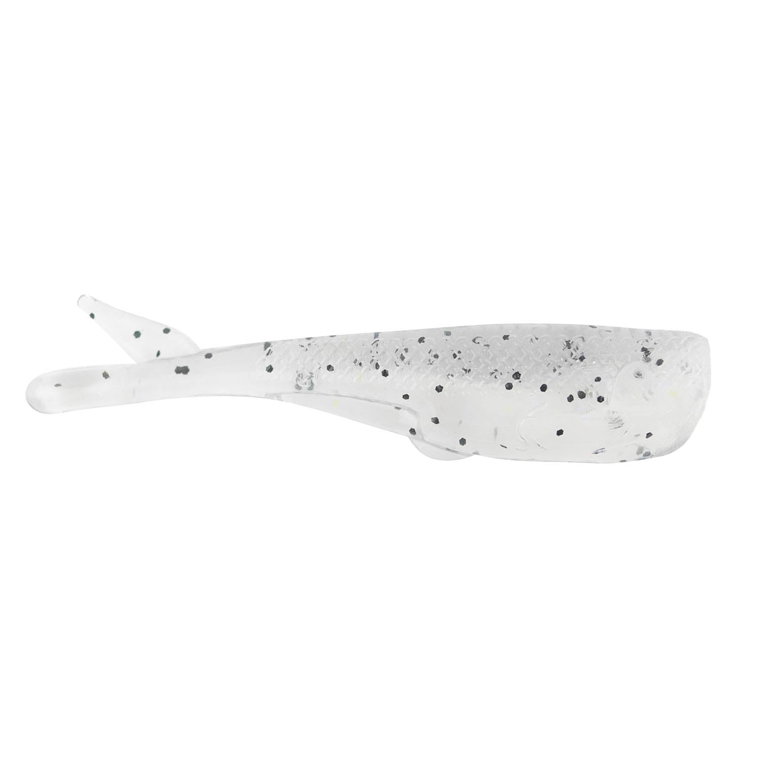 White soft plastic fishing lure with dark speckled spots and curved paddle tail.