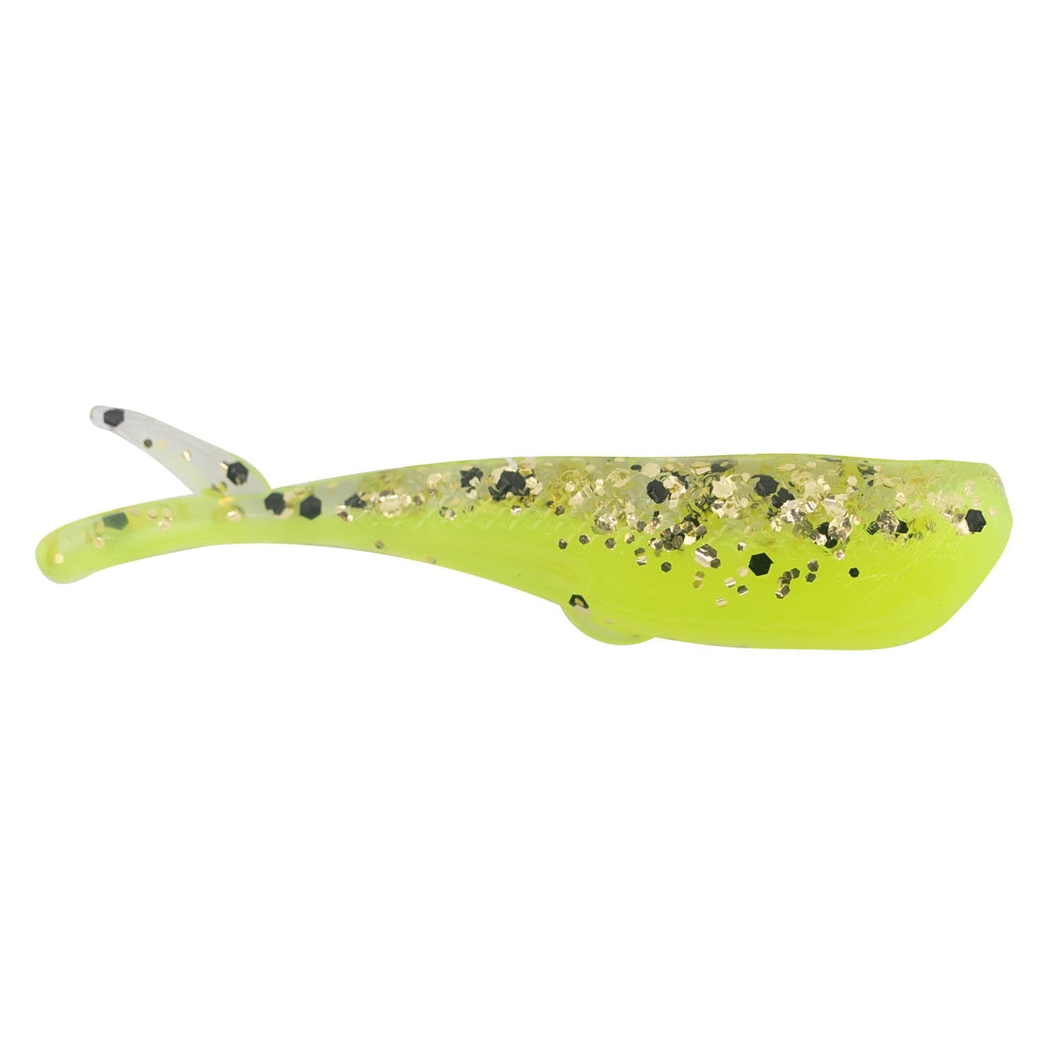 Chartreuse soft plastic fishing lure with dark speckles and glittery top section.