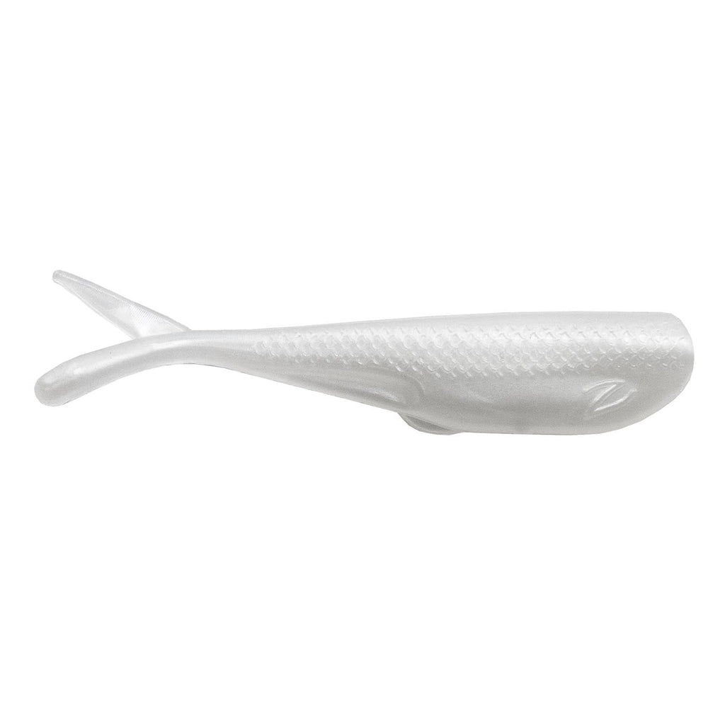 Translucent white soft plastic fishing lure with subtle texture and curved tail.