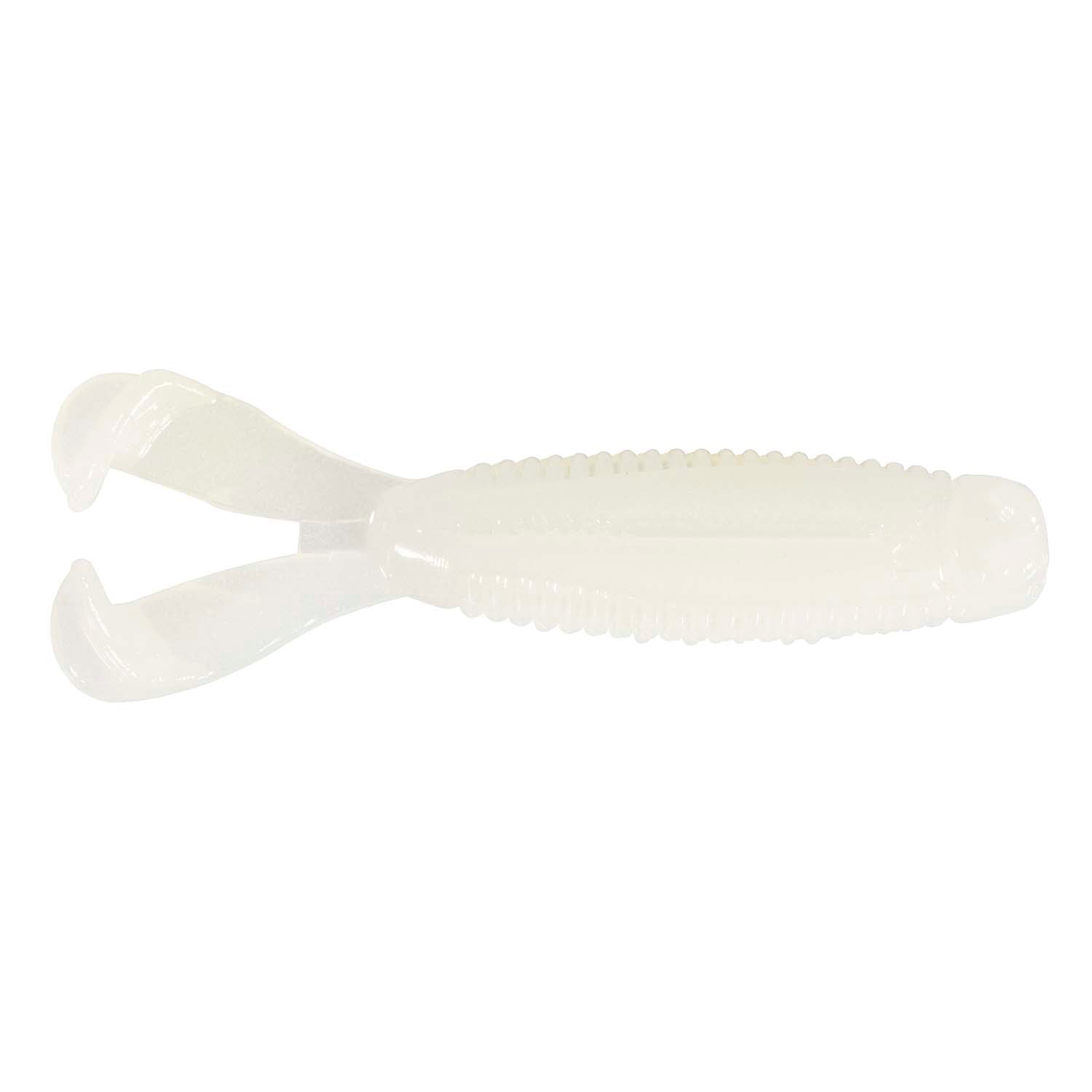 Soft plastic fishing lure, translucent white with ribbed body and twin tail