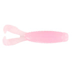 Soft plastic fishing lure, translucent pink with ribbed midsection and twin tail