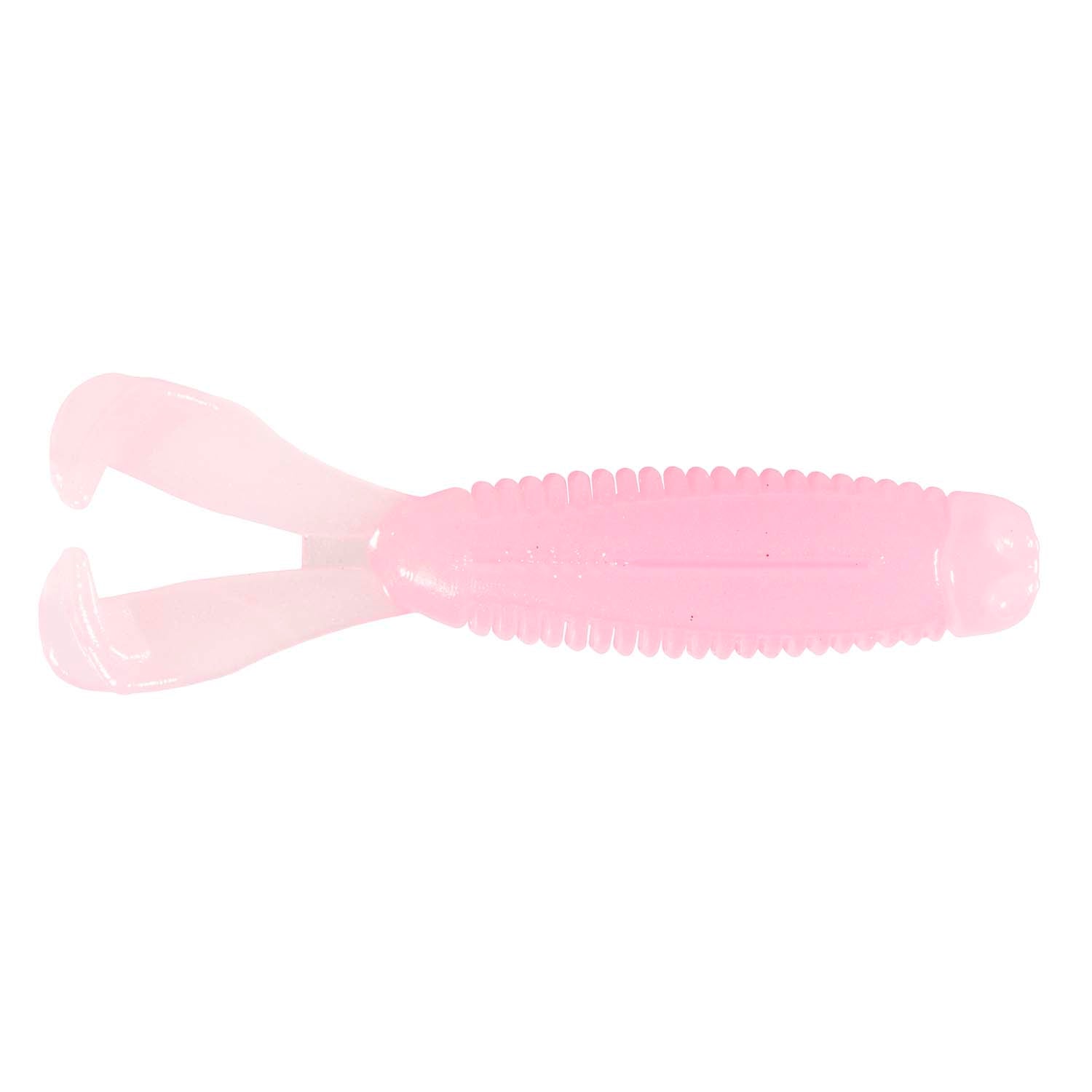 Soft plastic fishing lure, translucent pink with ribbed midsection and twin tail