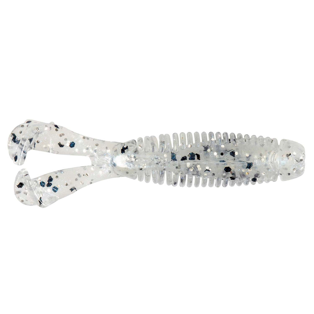 Soft plastic fishing lure, translucent white with blue-speckle pattern and ribs