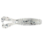 Soft plastic fishing lure, translucent white with blue-speckle pattern and ribs