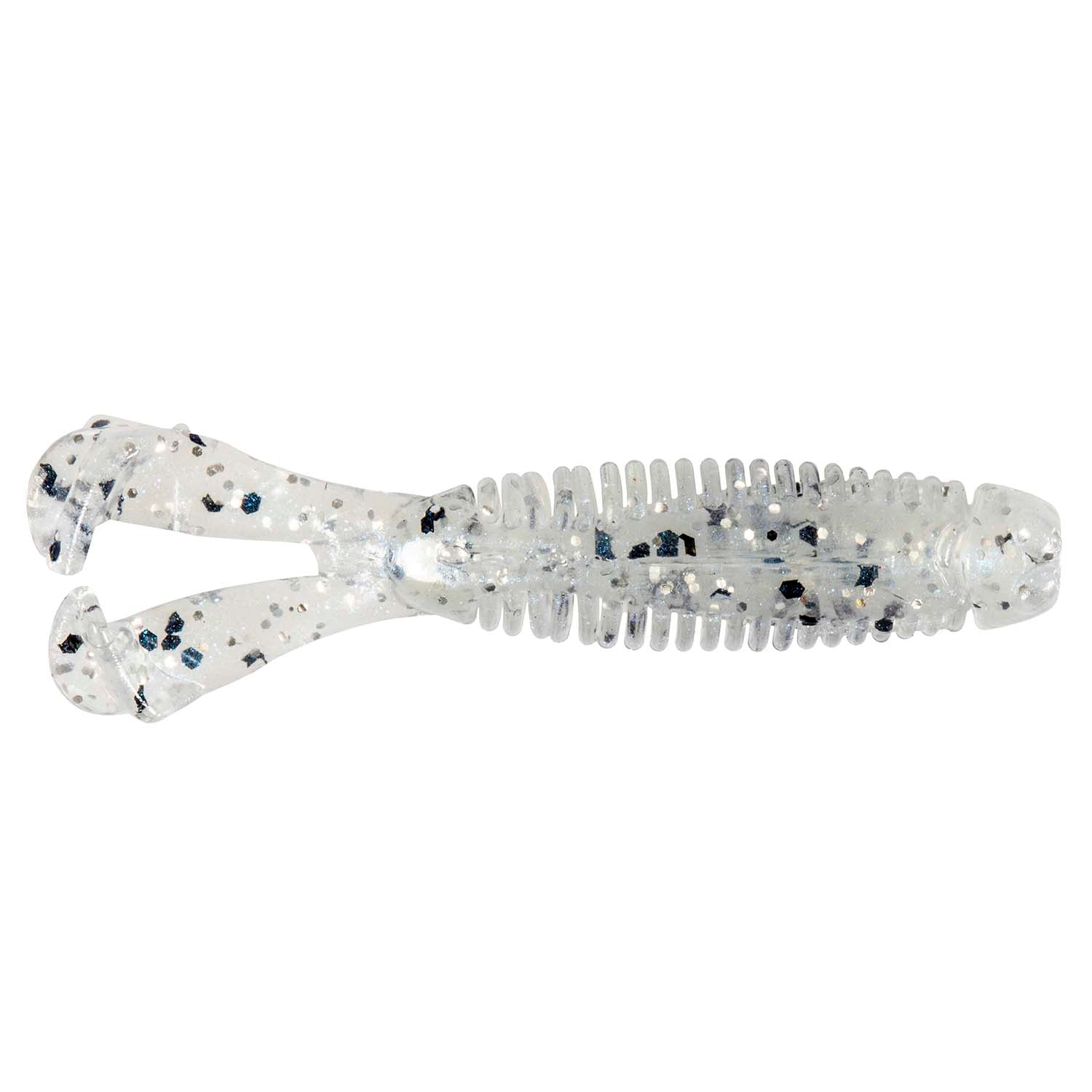 Soft plastic fishing lure, translucent white with blue-speckle pattern and ribs