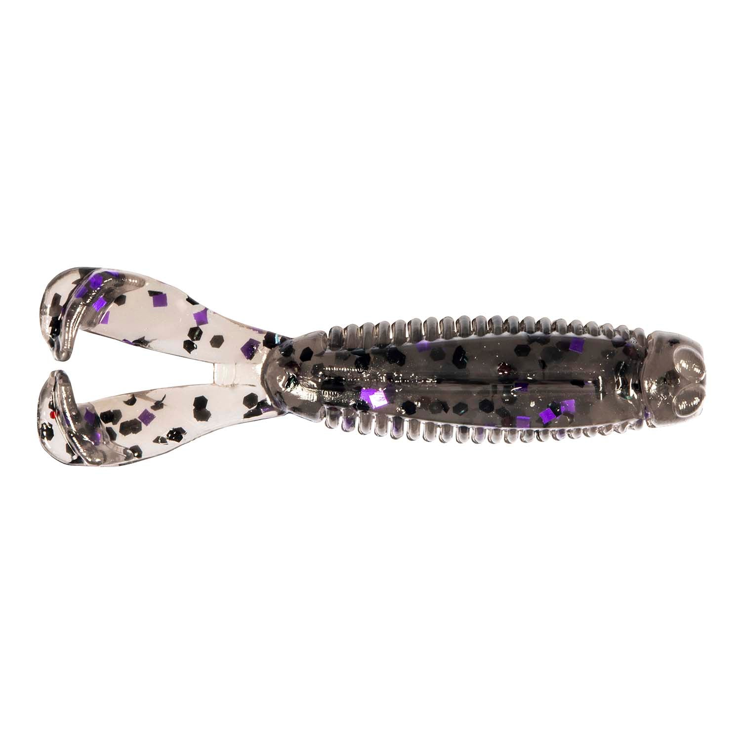 Soft plastic fishing lure, clear silver with black spots and purple glitter