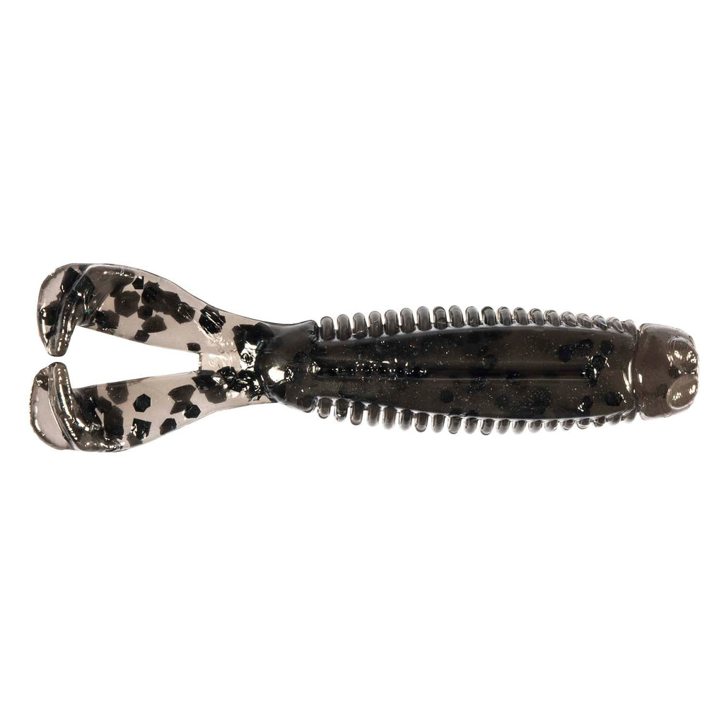 Soft plastic fishing lure, translucent dark with black speckles and ribbed body