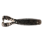 Soft plastic fishing lure, translucent dark with black speckles and ribbed body