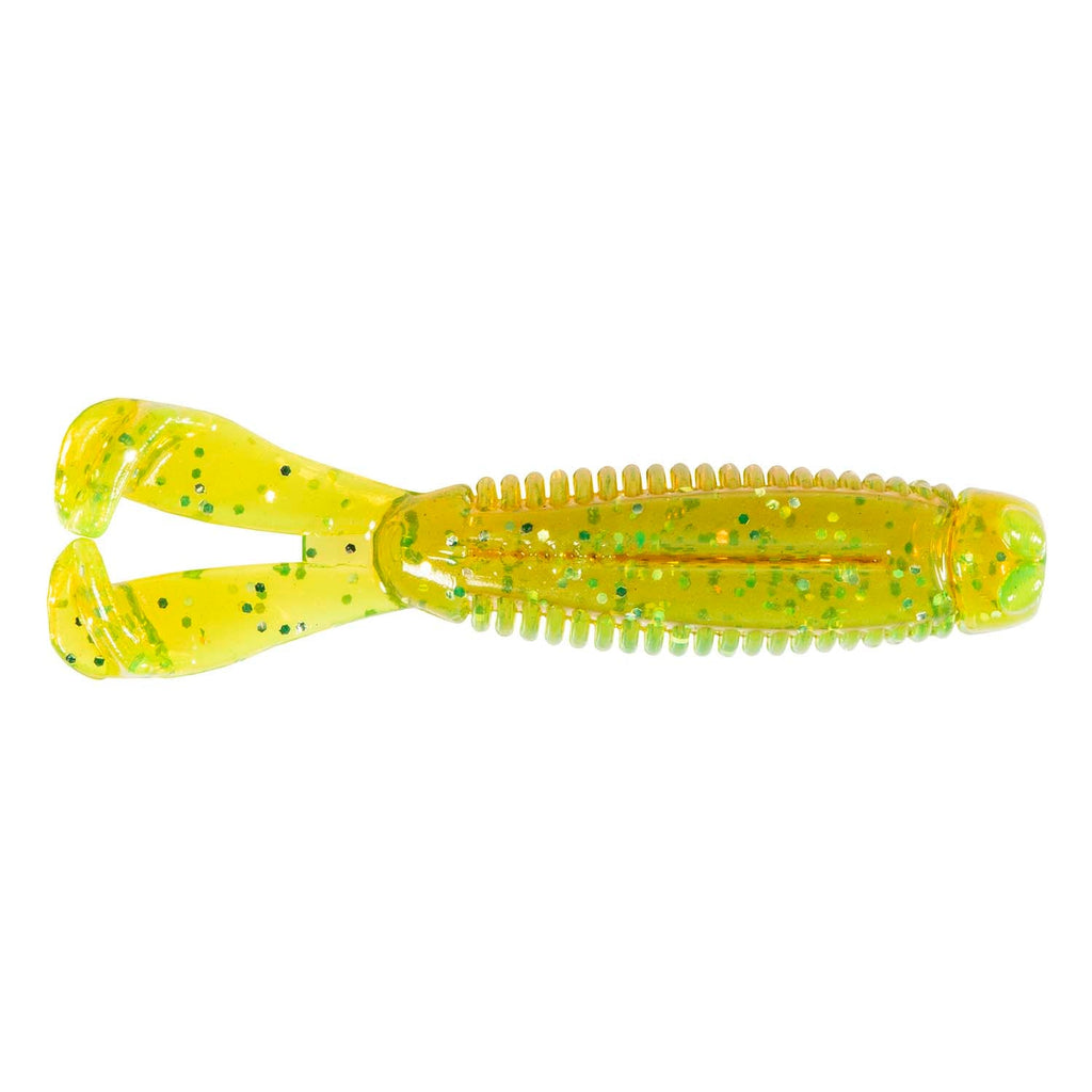Soft plastic fishing lure, translucent chartreuse with green speckles and twin tail