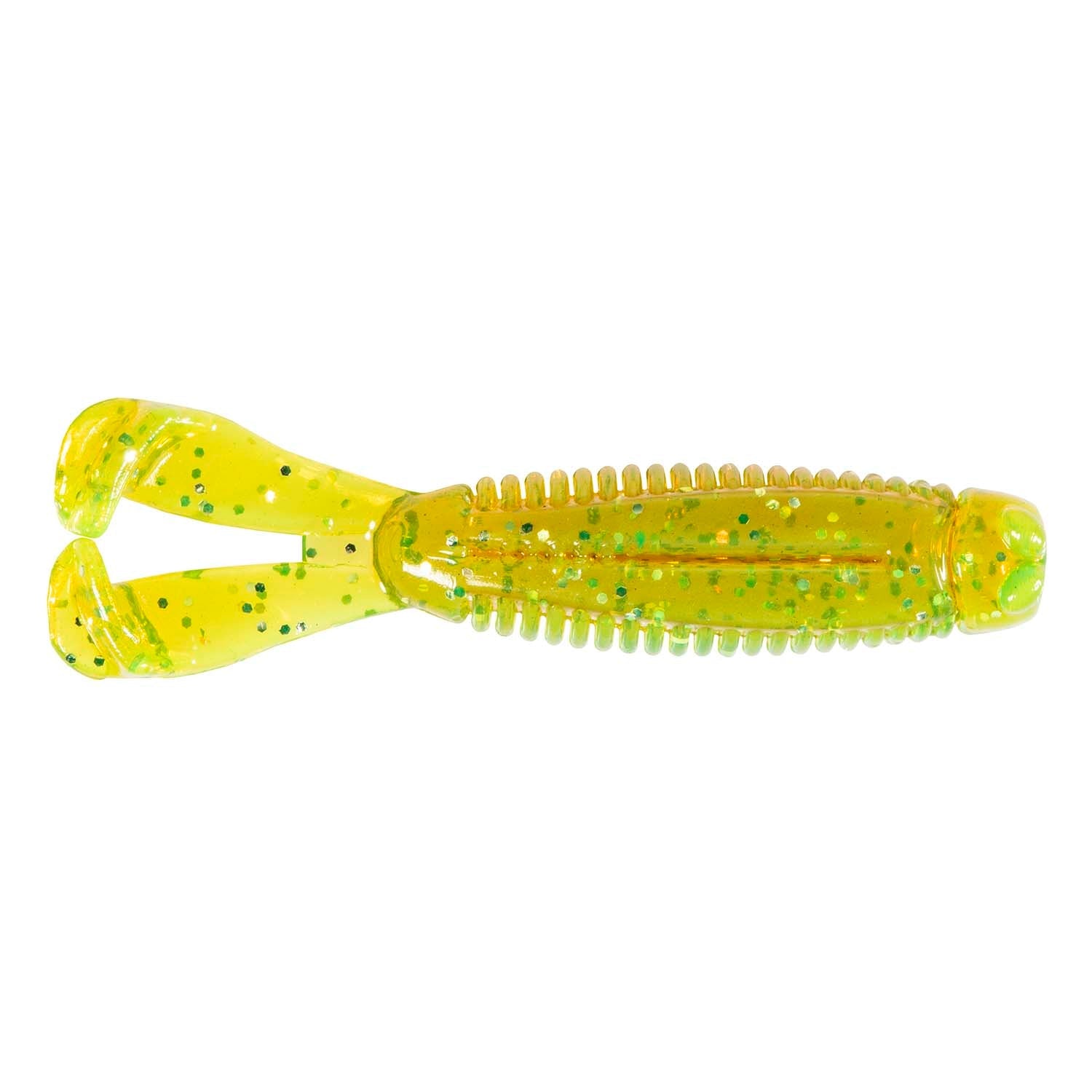 Soft plastic fishing lure, translucent chartreuse with green speckles and twin tail