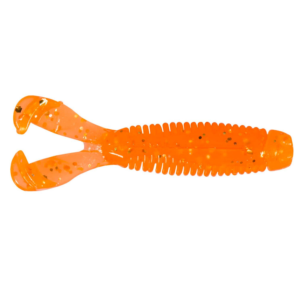 Soft plastic fishing lure, translucent orange with side ridges and curled twin tail