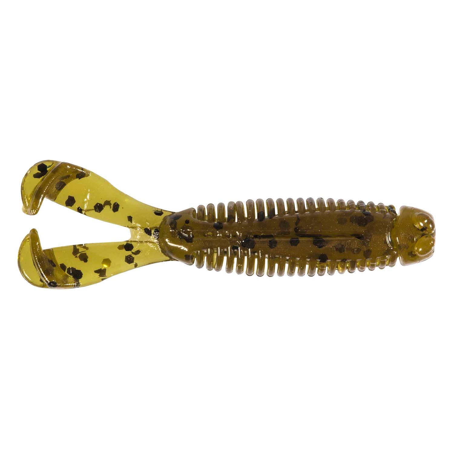 Soft plastic fishing lure, olive green translucent with dark speckles and ribbed body