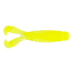 Soft plastic fishing lure, translucent bright yellow with ribbed body and twin tail