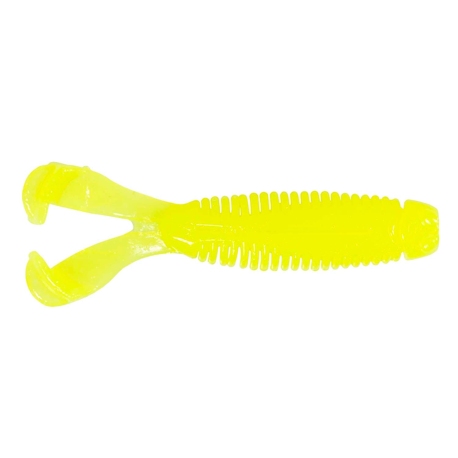 Soft plastic fishing lure, translucent bright yellow with ribbed body and twin tail