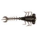 Black fishing larva lure with curled tail, segmented body, and hinged legs