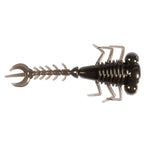 Black fishing larva lure with curled tail, segmented body, and hinged legs