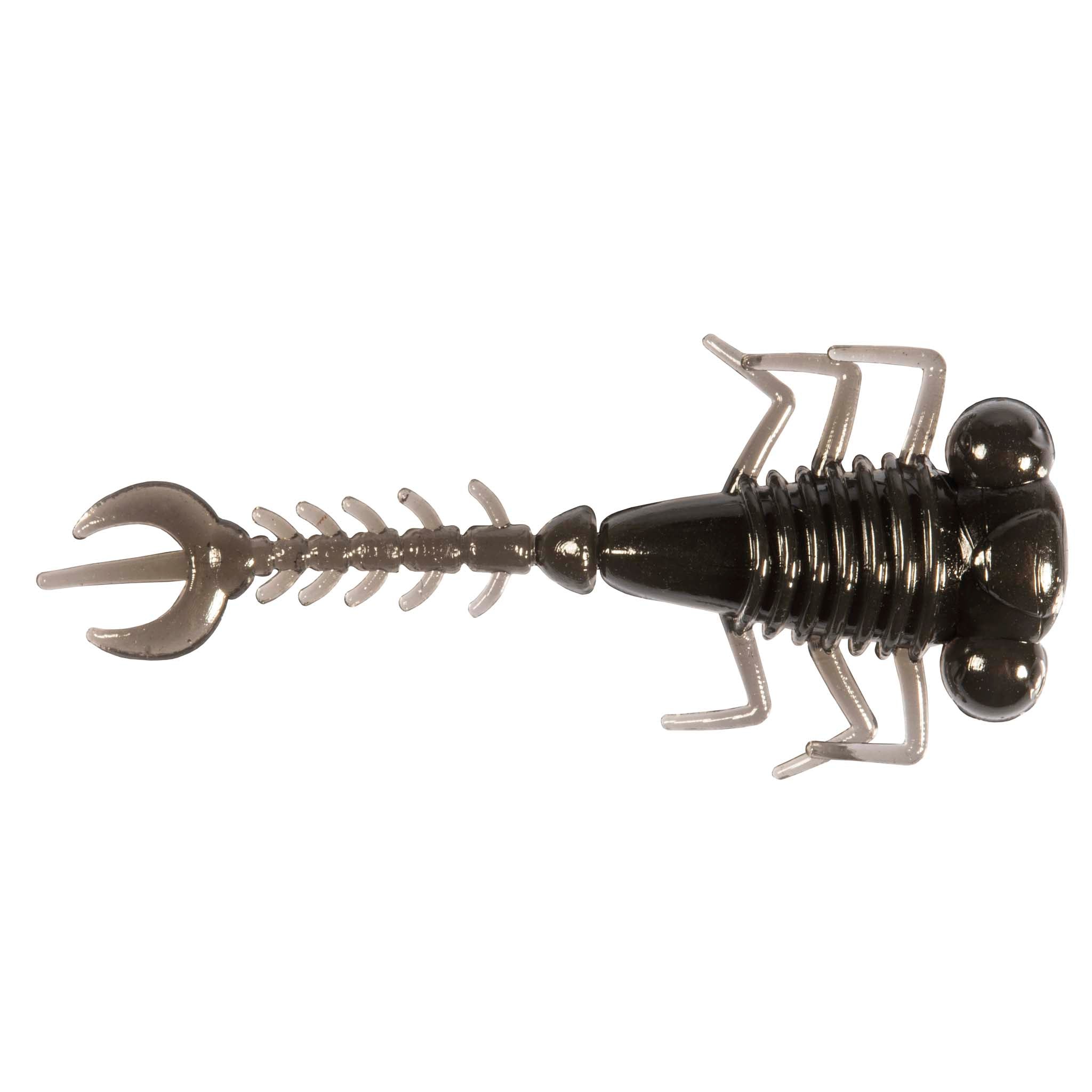 Black fishing larva lure with curled tail, segmented body, and hinged legs