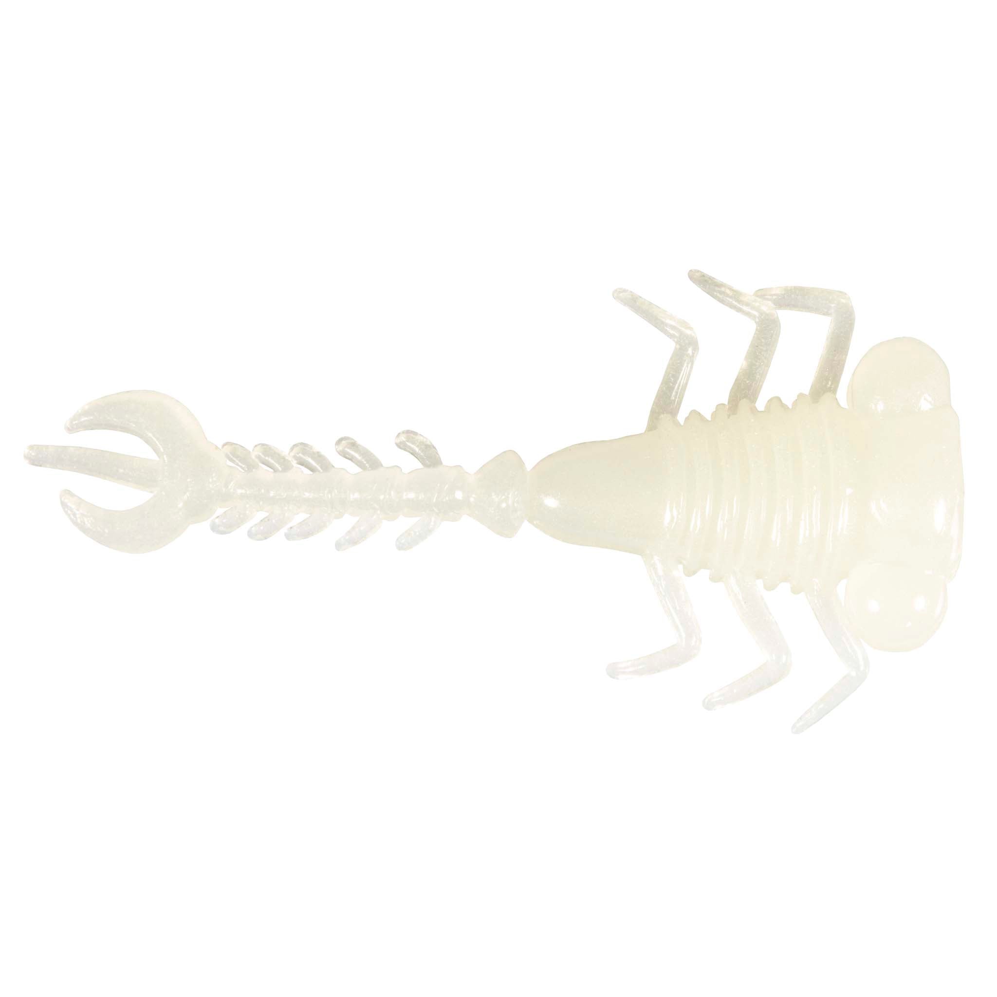 Glow fishing larva lure in pale translucent white with curled tail and hinged legs