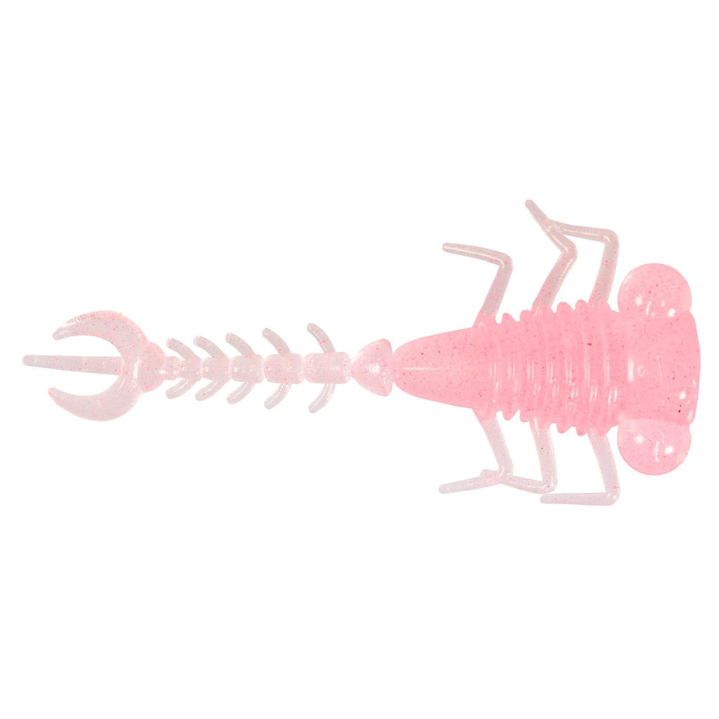 Pink fishing larva lure with curled tail, ribbed body, and hinged legs