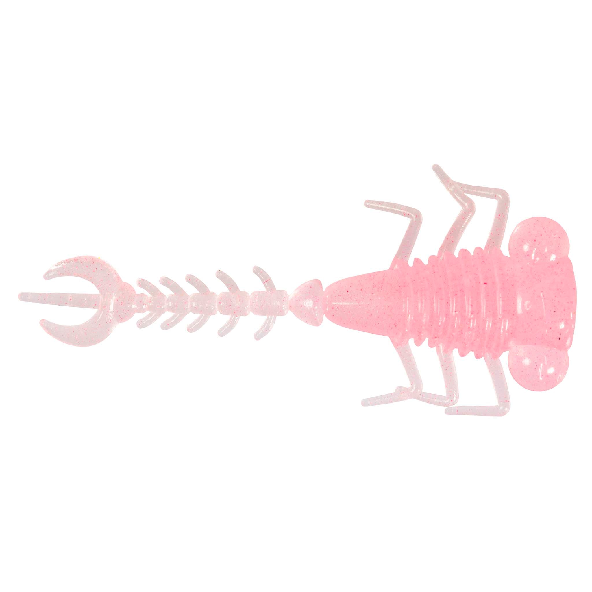 Pink fishing larva lure with curled tail, ribbed body, and hinged legs
