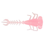 Pink fishing larva lure with translucent body, curled tail, and hinged legs
