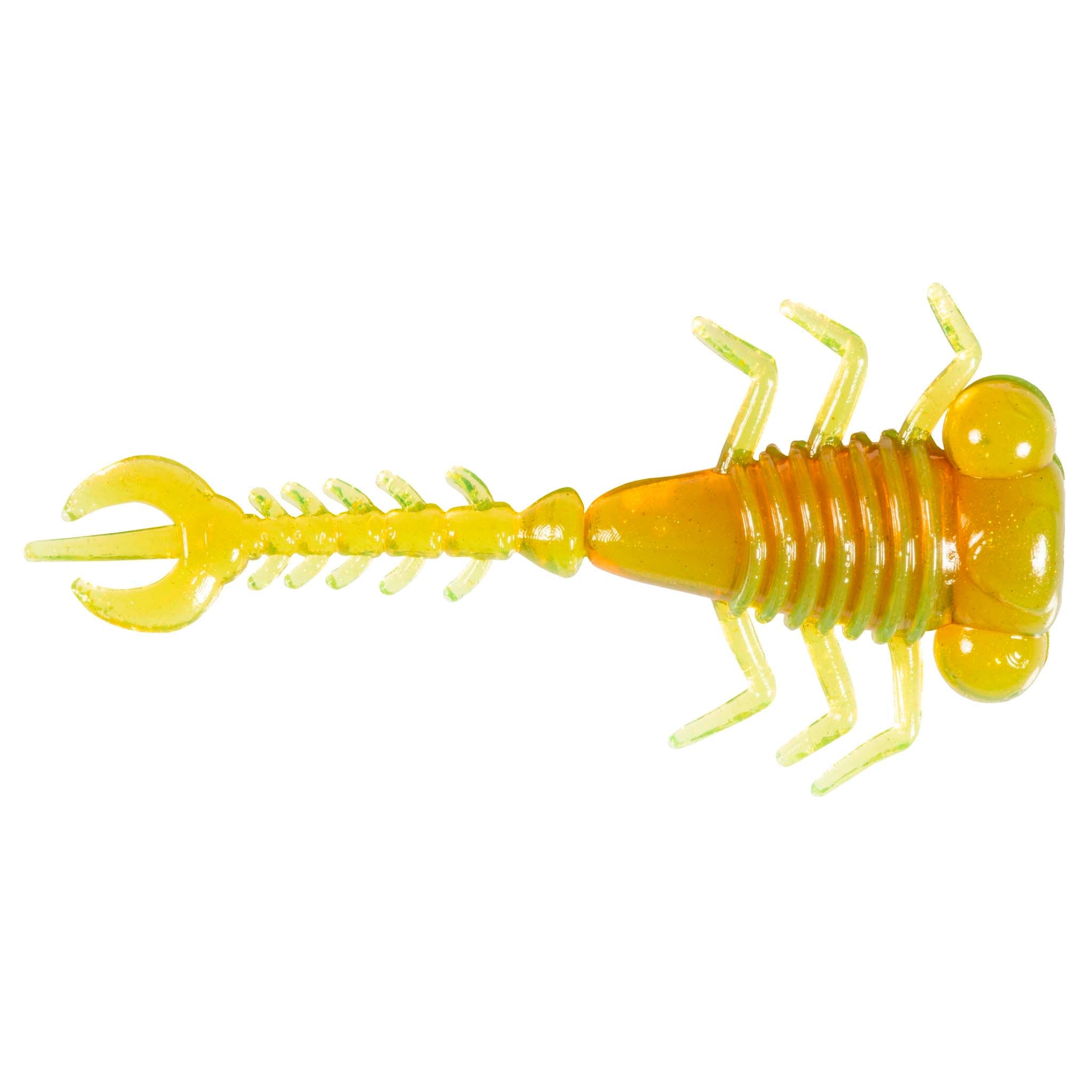 Yellow-green fishing larva lure with curled tail, ribbed body, and hinged legs