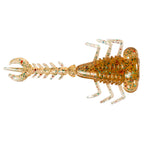 Speckled amber-brown fishing larva lure with curled tail, ribbed body, and hinged legs