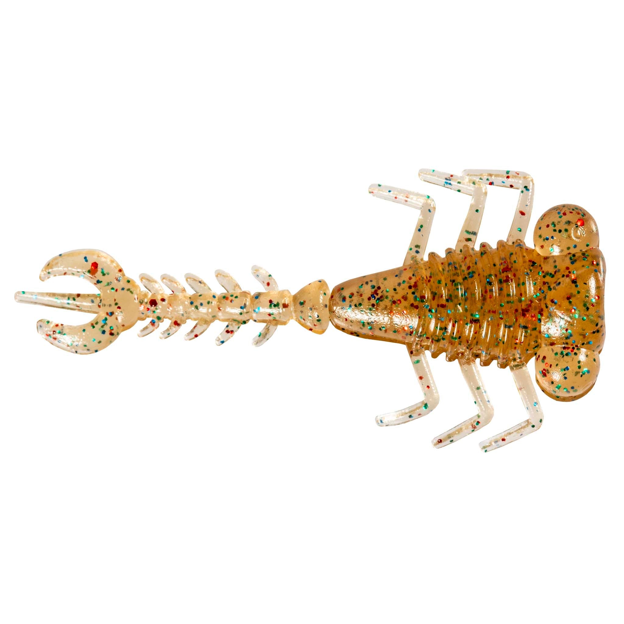 Speckled amber-brown fishing larva lure with curled tail, ribbed body, and hinged legs