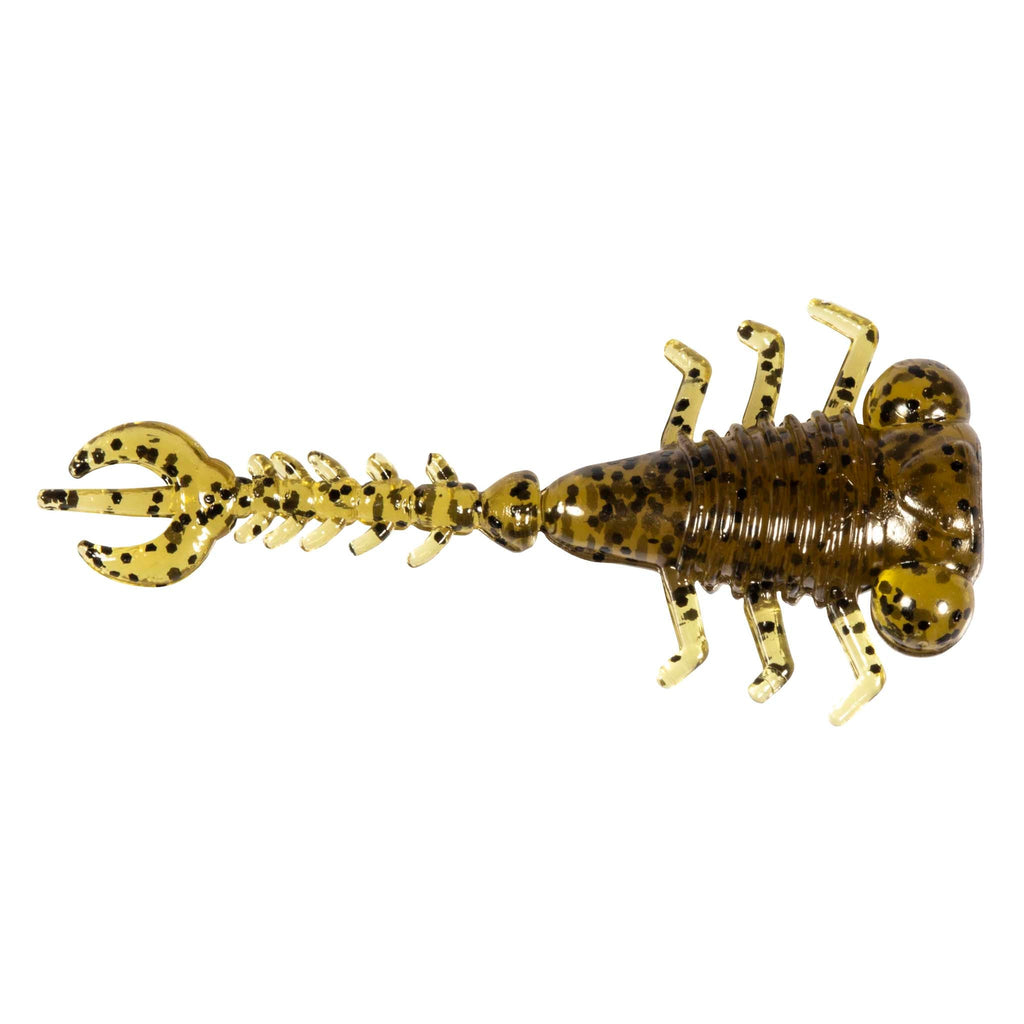 Dark olive fishing larva lure with black speckles, curled tail, and hinged legs