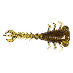 Dark olive fishing larva lure with black speckles, curled tail, and hinged legs