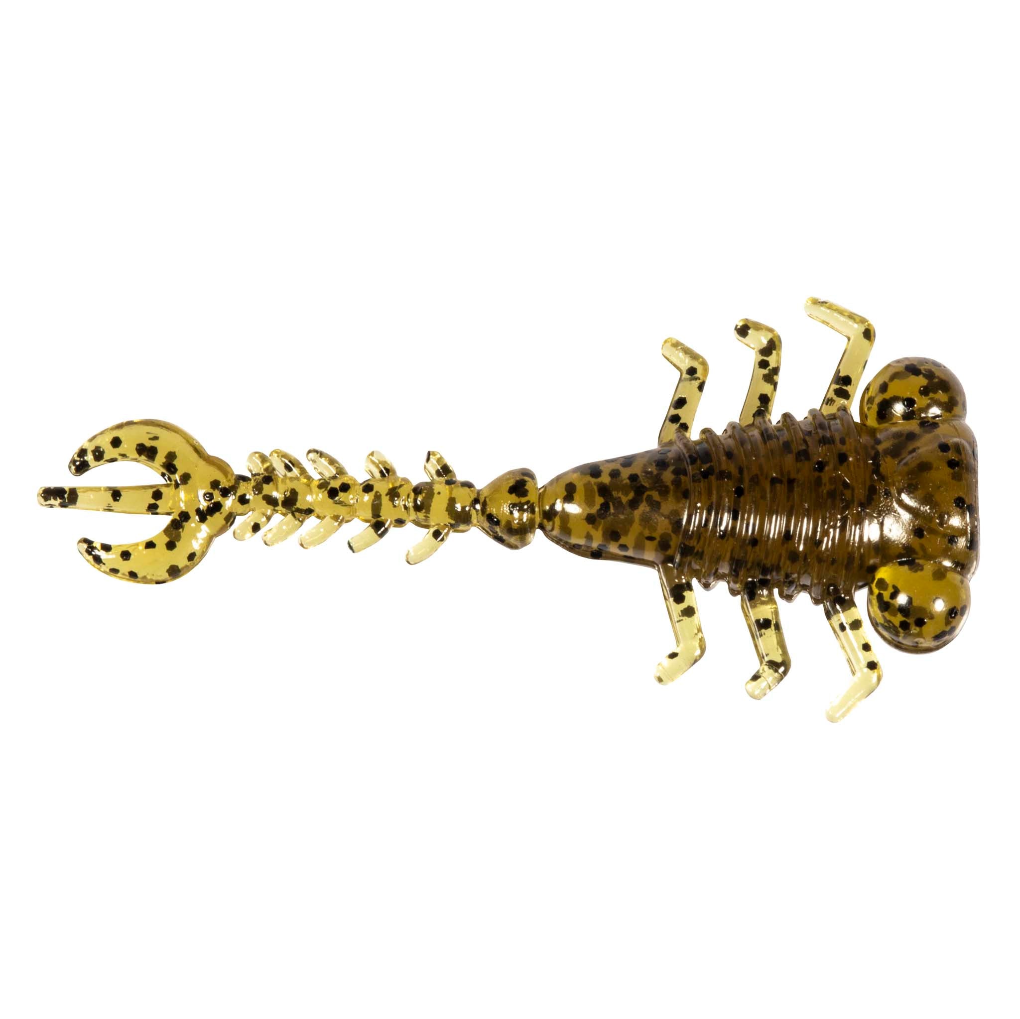 Dark olive fishing larva lure with black speckles, curled tail, and hinged legs