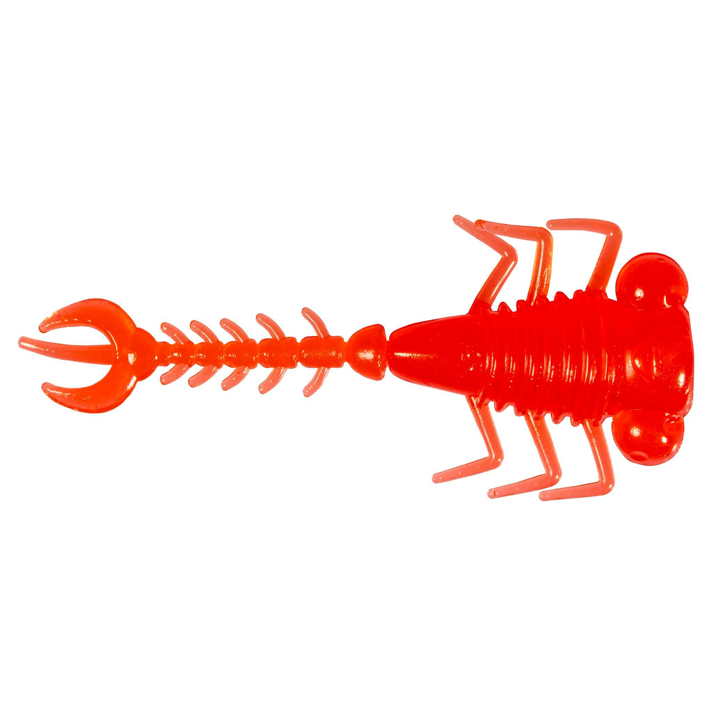 Bright red fishing larva lure with curled tail, ribbed body, and hinged legs
