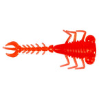 Bright red fishing larva lure with curled tail, ribbed body, and hinged legs