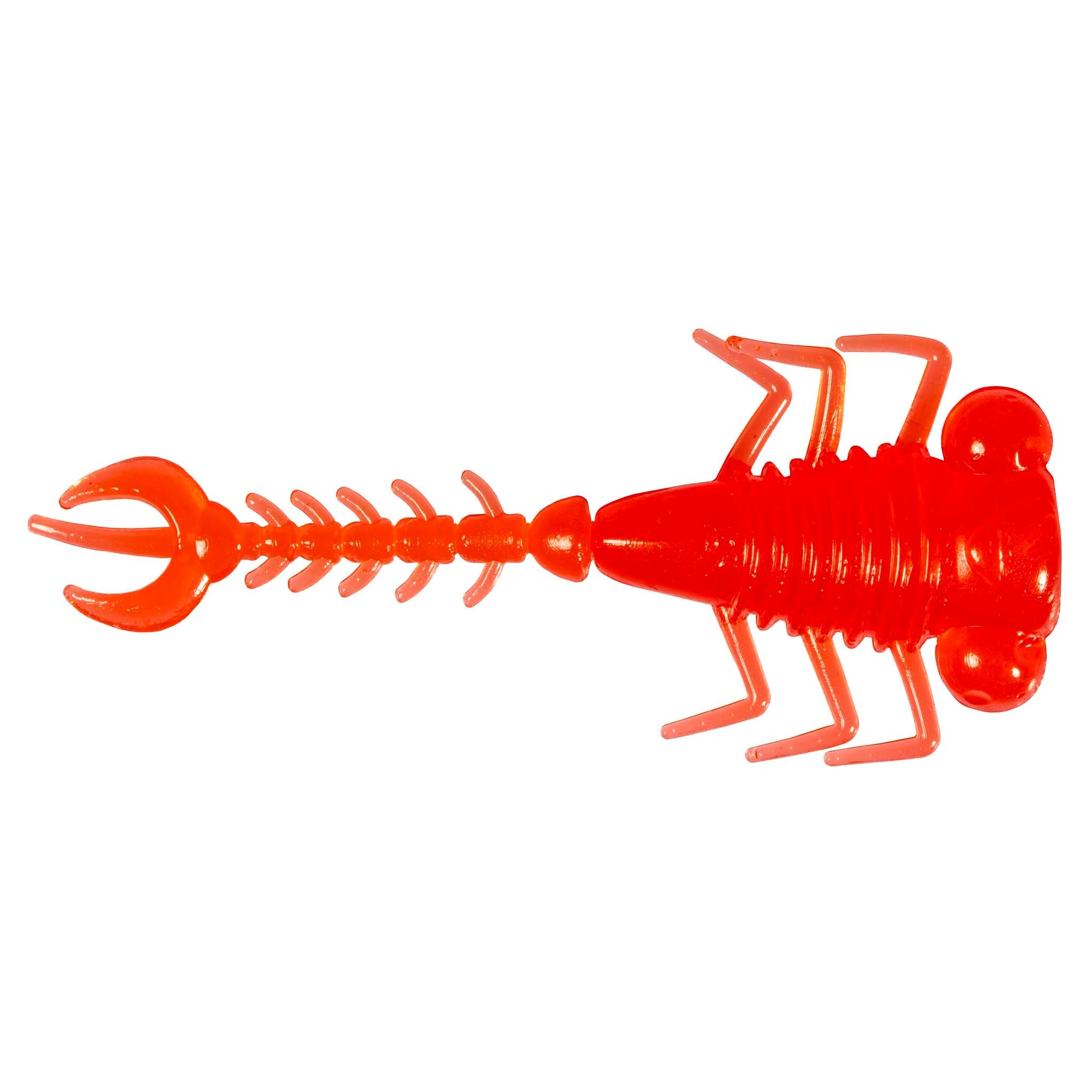 Bright red fishing larva lure with curled tail, ribbed body, and hinged legs