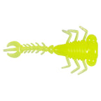Neon chartreuse fishing larva lure with curled tail, ribbed body, and hinged legs