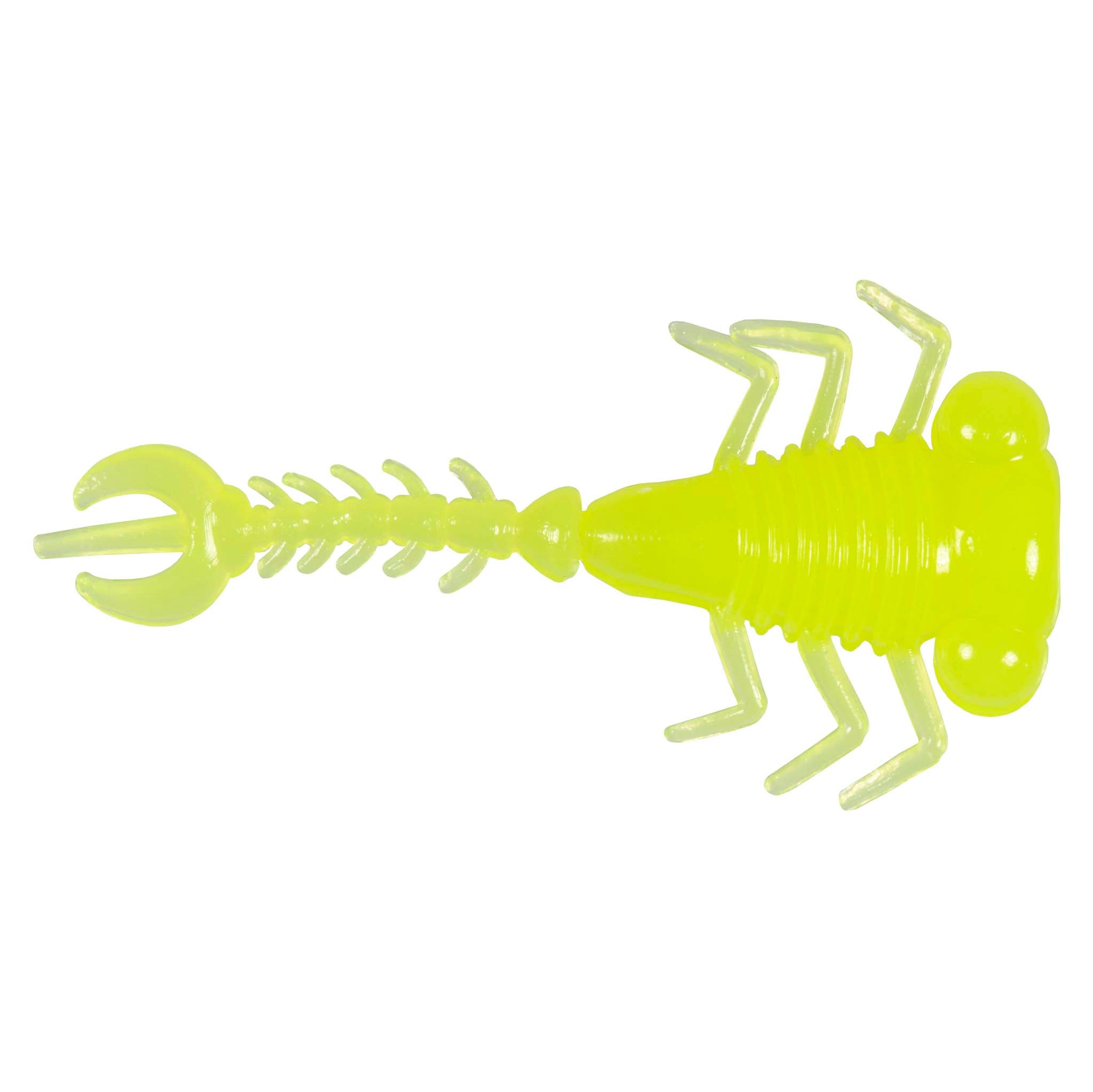 Neon chartreuse fishing larva lure with curled tail, ribbed body, and hinged legs