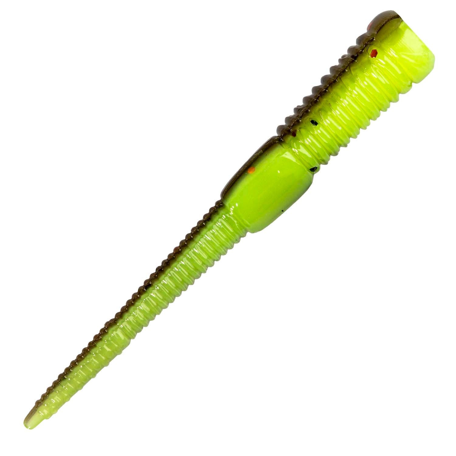 Micro WormZ soft plastic worm lure in neon green with dark brown head