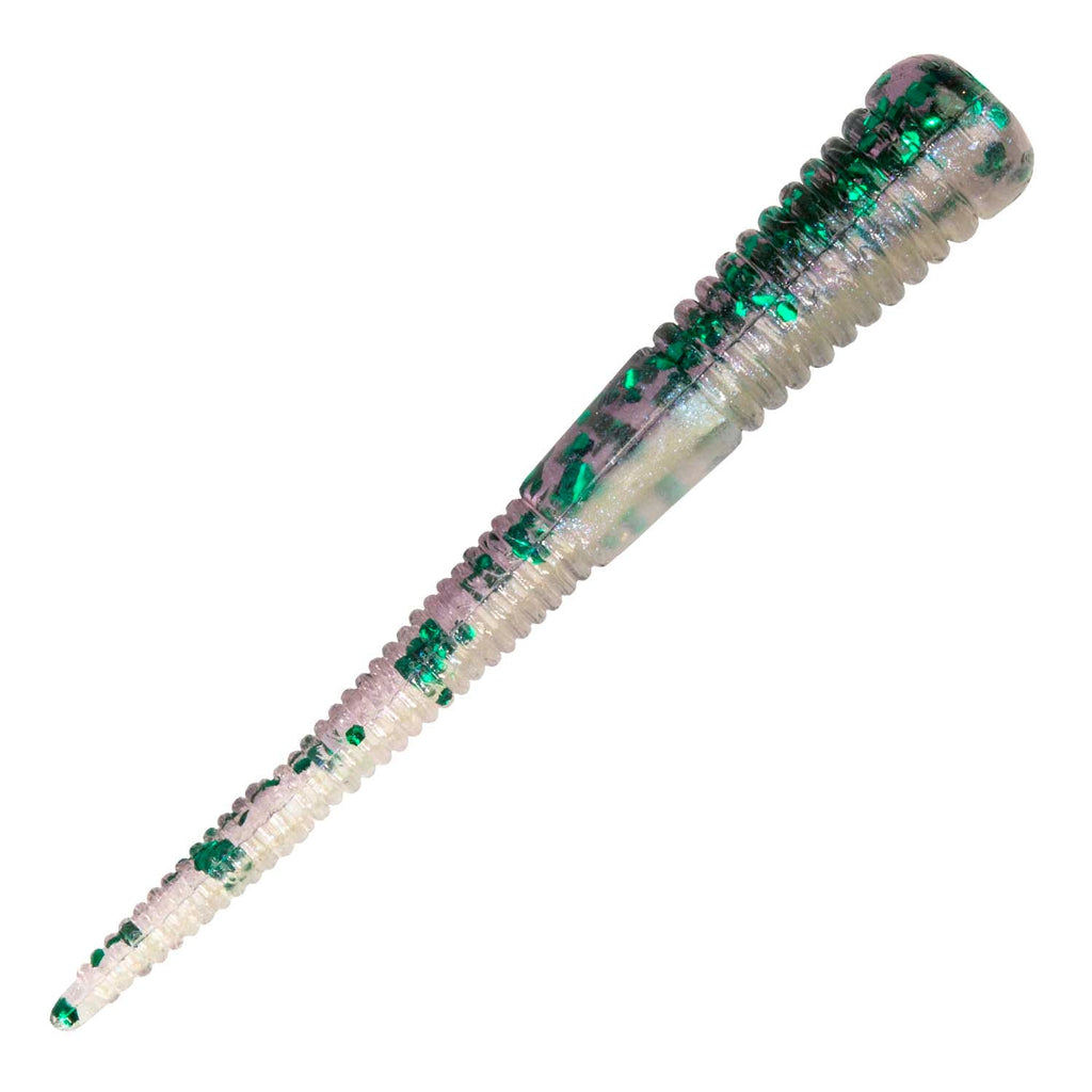 Micro WormZ soft plastic worm lure in clear with green sparkle and dark green head