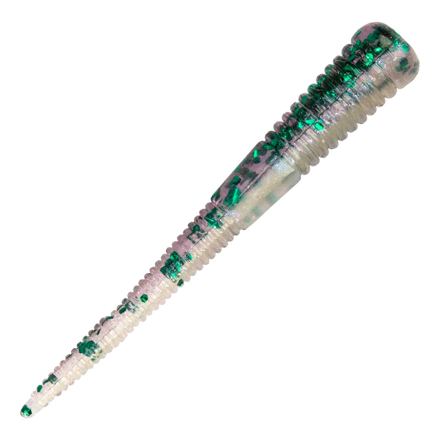 Micro WormZ soft plastic worm lure in clear with green sparkle and dark green head
