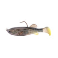 Fishing lure with dark gray body and pale yellow tail, weed guard hook