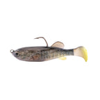 Fishing lure with dark gray body and pale yellow tail, weed guard hook