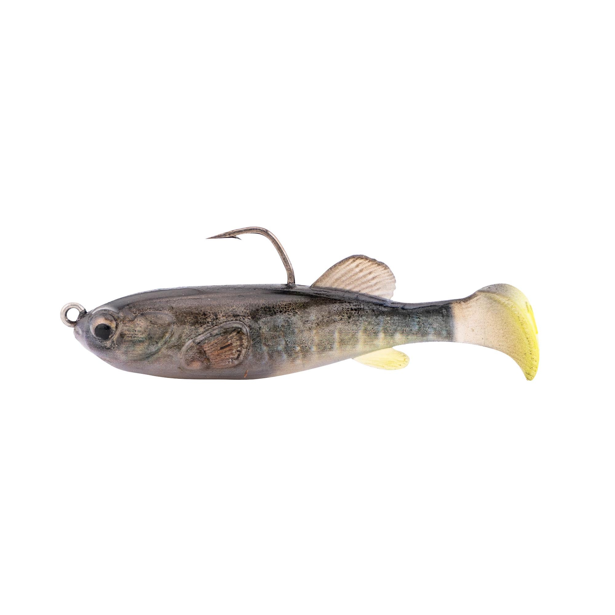 Fishing lure with dark gray body and pale yellow tail, weed guard hook