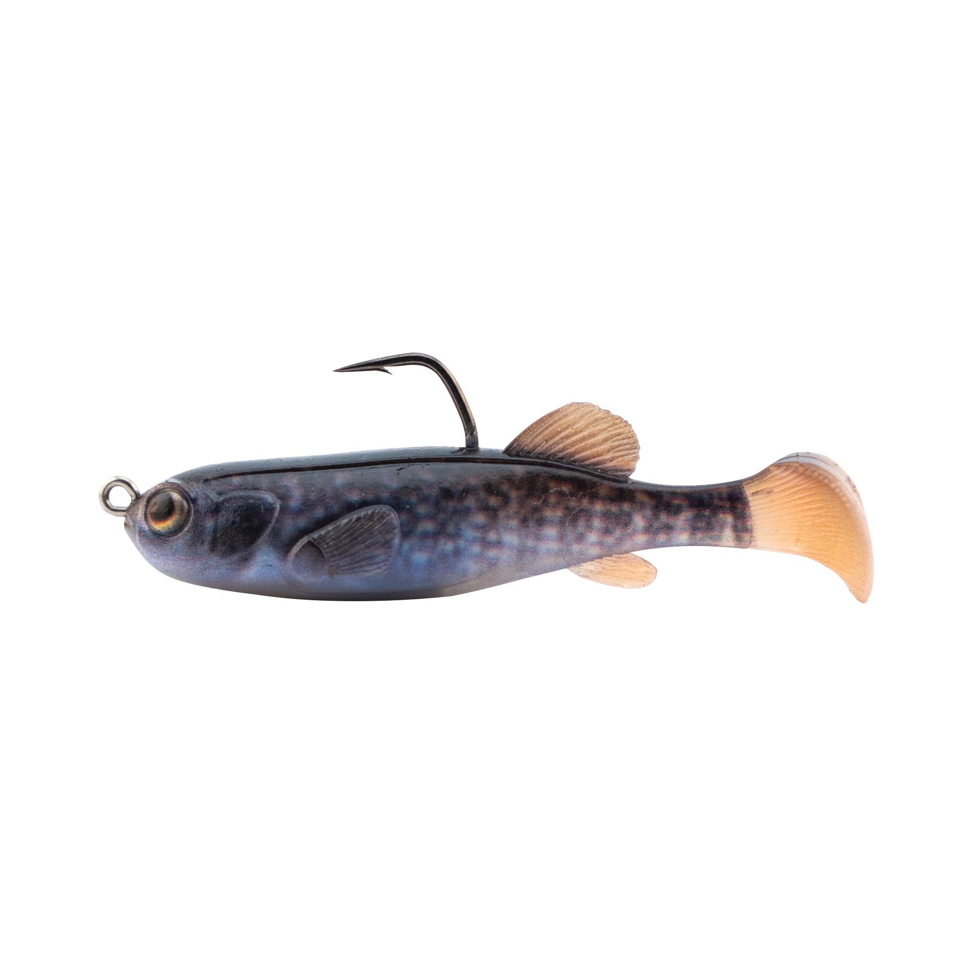 Fishing lure with blue-gray body and light peach tail, weed guard hook