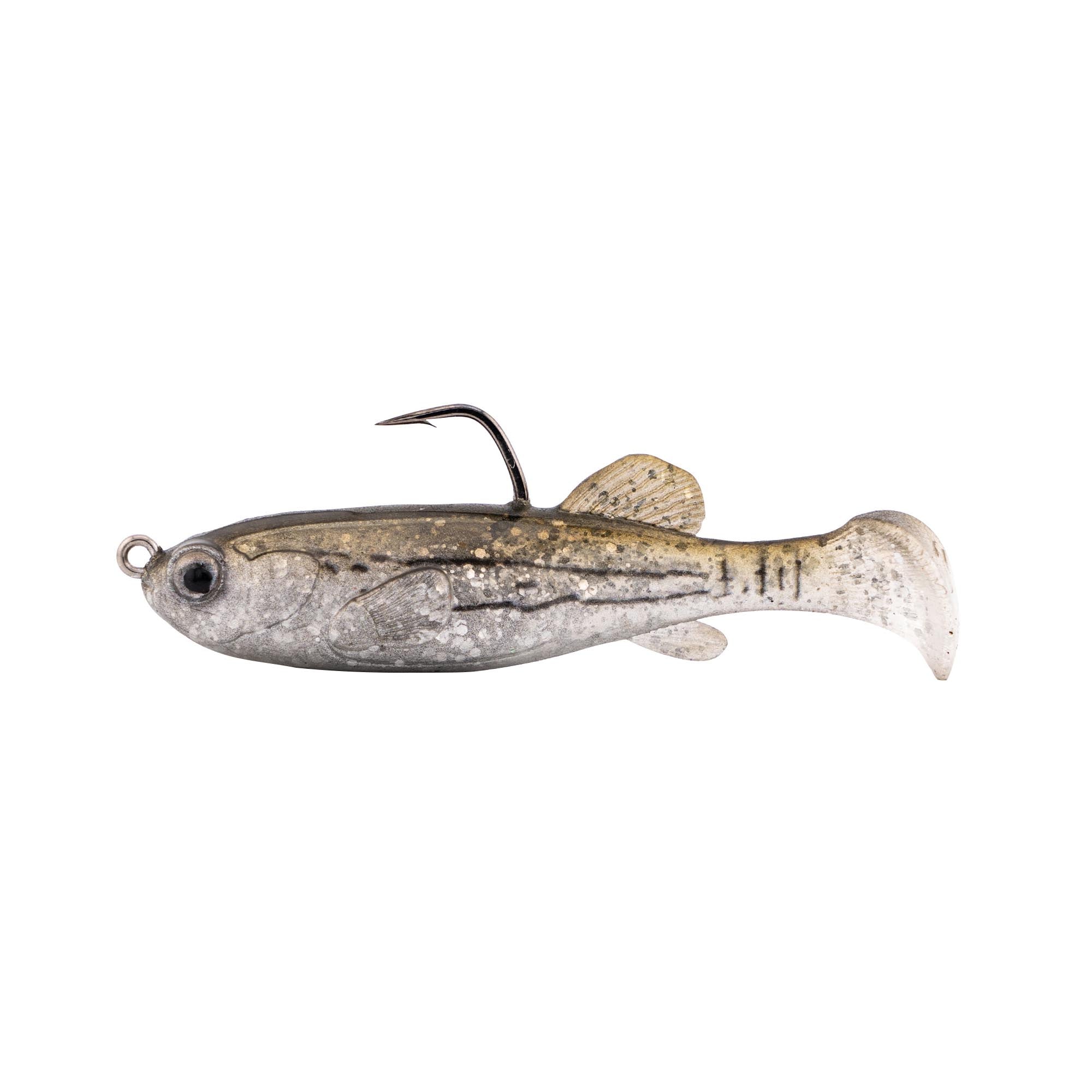 Fishing lure with light gray speckled body and pale cream tail, weed guard hook