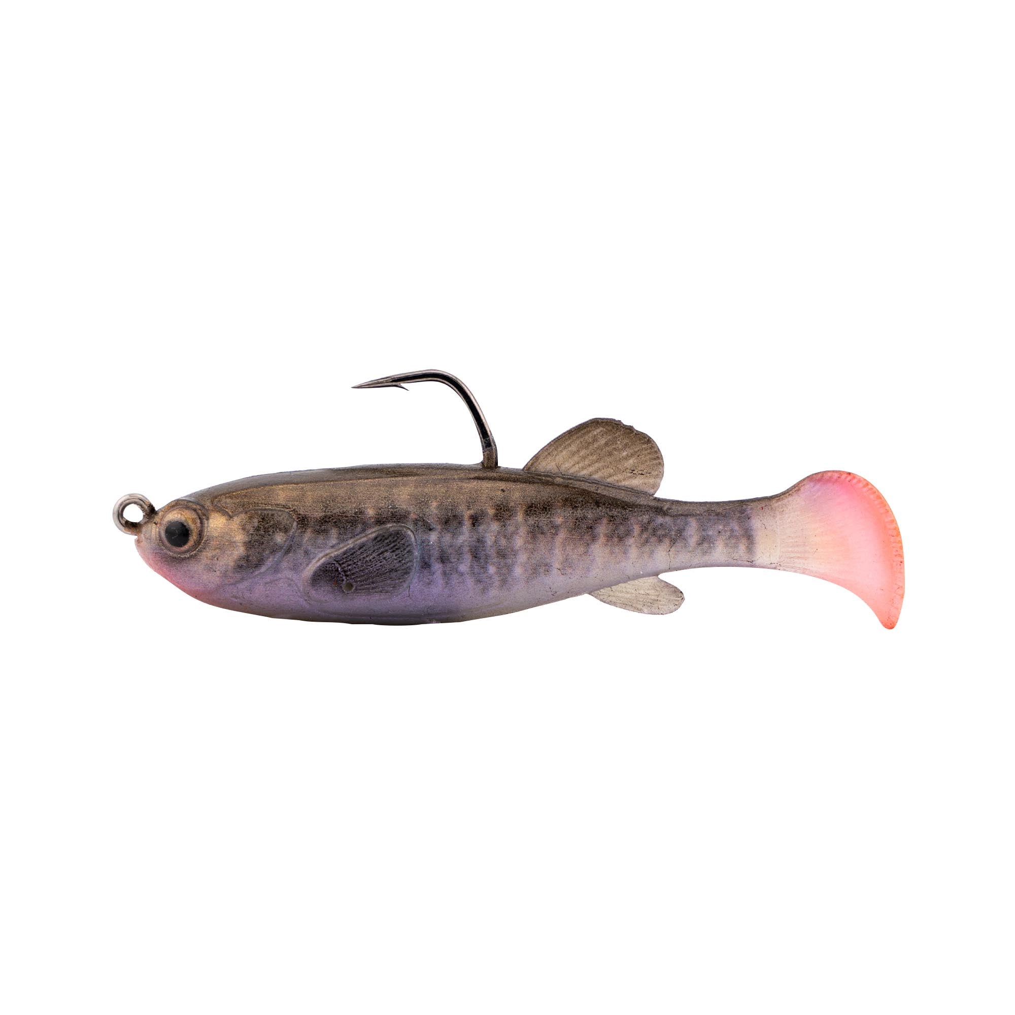 Fishing lure with dark purple-gray body and pink-orange translucent tail, hook